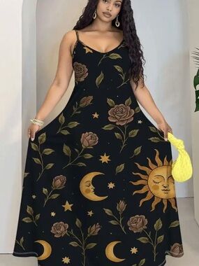 Black Floral & Celestial Maxi Dress - Elegant Summer Slip Dress